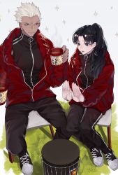 Rule 34 | 1boy, 1girl, alternate costume, archer (fate), black hair, black jacket, black pants, blue eyes, camping chair, closed mouth, coffee, commentary request, cup, dark-skinned male, dark skin, fate (series), grass, grey hair, highres, holding, jacket, long hair, long sleeves, pale skin, pants, ponytail, red jacket, shimatori (sanyyyy), shoes, sitting, smile, sneakers, sparkle, steam, tohsaka rin, track suit, white background, white footwear
