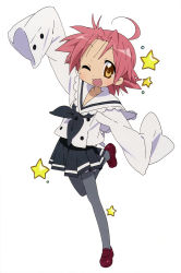 Rule 34 | 00s, 1girl, absurdres, ahoge, female focus, happy, highres, kogami akira, long sleeves, lucky star, one eye closed, open mouth, pink hair, school uniform, short hair, simple background, solo, uniform, white background, wink, yellow eyes