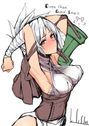 Rule 34 | 1girl, armpits, arms up, bandages, blue eyes, blush, breasts, english text, engrish text, large breasts, league of legends, long hair, looking at viewer, ranguage, riven (league of legends), sessue, sideboob, solo, sweat, sweatdrop, white hair