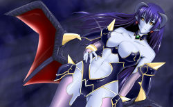 Rule 34 | 1girl, armor, astaroth (shinrabanshou), bare shoulders, black leotard, black sclera, blue background, blue hair, blue skin, breasts, bridal gauntlets, choker, cleavage, closed mouth, clothing cutout, collar, collarbone, colored sclera, colored skin, demon girl, dutch angle, earrings, elbow gloves, female focus, floating hair, gloves, gradient background, hair between eyes, hand on own hip, heart, highres, hip focus, horns, jewelry, large breasts, leotard, long hair, looking at viewer, navel, navel cutout, necklace, pointy ears, purple gloves, purple thighhighs, revealing clothes, shinrabanshou, solo, spikes, standing, straight hair, strapless, strapless leotard, thighhighs, very long hair, wings, yellow eyes