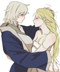 Rule 34 | 2girls, absurdres, bare shoulders, blonde hair, blue jacket, blush, collarbone, cowboy shot, dungeon meshi, ear blush, elf, falin touden, falin touden (tallman), from side, hair down, hand on another&#039;s head, headpat, highres, hug, jacket, long hair, long sleeves, looking at another, marcille donato, multiple girls, naked towel, open clothes, open jacket, parted lips, pointy ears, profile, short hair, simple background, smile, ssozei, towel, white background, yellow eyes, yuri