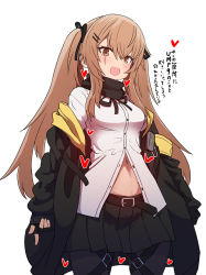 Rule 34 | 1girl, :d, arms at sides, belt, black belt, black gloves, black jacket, black pantyhose, black ribbon, black scarf, black skirt, blush, breasts, brown eyes, brown hair, commentary request, cowboy shot, fingerless gloves, girls&#039; frontline, gloves, hair ribbon, heart, highres, hood, hooded jacket, jacket, long hair, looking at viewer, medium breasts, navel, neck ribbon, off shoulder, open mouth, pantyhose, pleated skirt, ribbon, scar, scar across eye, scar on face, scarf, simple background, skirt, smile, solo, standing, sumiyao (amam), translation request, twintails, ump9 (girls&#039; frontline), white background
