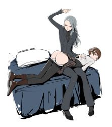 Rule 34 | 10s, 2girls, absurdres, artist request, ass, boots, brown hair, butt crack, clothes lift, clothes pull, formal, highres, incest, long hair, lying on lap, multiple girls, nail polish, niijima makoto, niijima sae, ozkh, pantyhose, pantyhose pull, persona, persona 5, pillow, purple nails, red eyes, shoes, short hair, siblings, silver hair, sisters, skirt, source request, spanking, suit, tagme
