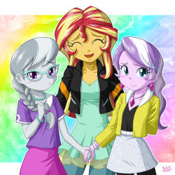 Rule 34 | 3girls, blush, diamond tiara, glasses, holding hands, multiple girls, my little pony, my little pony: equestria girls, my little pony: friendship is magic, personification, silver spoon, sunset shimmer, tagme, uotapo