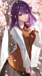Rule 34 | 1girl, bad id, bad twitter id, black skirt, brown vest, cherry blossoms, dated, fate/stay night, fate (series), hair between eyes, hair ribbon, hand up, highres, hoojiro, long sleeves, looking at viewer, matou sakura, medium hair, neck ribbon, parted lips, pleated skirt, purple eyes, purple hair, red ribbon, ribbon, shirt, signature, skirt, solo, tree, vest, white shirt
