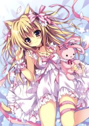Rule 34 | 1girl, absurdres, animal ears, blonde hair, bow, breasts, cat ears, cat tail, dress, hair bow, herurun, highres, lying, on back, pink eyes, ribbon, small breasts, smile, stuffed animal, stuffed rabbit, stuffed toy, tail