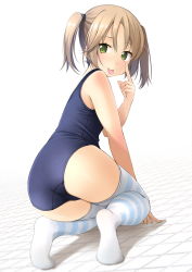 Rule 34 | 1girl, akanbe, ass, blue one-piece swimsuit, eyelid pull, finger to eye, from behind, green eyes, highres, kneeling, light brown hair, looking at viewer, looking back, old school swimsuit, one-piece swimsuit, original, school swimsuit, shibacha, short hair, simple background, solo, striped clothes, striped thighhighs, swimsuit, thighhighs, tongue, tongue out, twintails, white background
