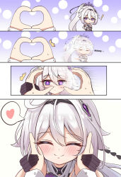 Rule 34 | !, 1girl, 1other, 4koma, :/, ^^^, ahoge, black gloves, black hairband, blush, buttons, captain (honkai impact), chibi, chinese text, close-up, closed eyes, closed mouth, comic, cross-shaped pupils, dress, gloves, gradient background, hair between eyes, hair ornament, hairband, hand grab, hand on own hip, hands on another&#039;s cheeks, hands on another&#039;s face, happy, heart, heart hands, high ponytail, highres, honkai (series), honkai impact 3rd, kiana kaslana, kiana kaslana (herrscher of finality), long hair, looking at viewer, looking to the side, motion lines, polka dot, polka dot background, pov, pov hands, purple background, purple eyes, simple background, smile, snoot challenge, speech bubble, split mouth, spoken heart, sweat, symbol-shaped pupils, teleport, tiara, white background, white dress, white hair