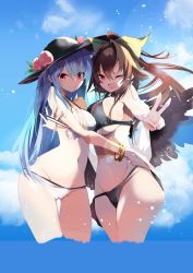 Rule 34 | 2girls, ;d, asymmetrical docking, bangle, bare shoulders, bikini, bird wings, black bikini, black headwear, black wings, blue hair, blush, bow, bracelet, breast press, breasts, brown hair, cleavage, cloud, cloudy sky, commentary request, day, artistic error, fang, feet out of frame, food, foreshortening, fruit, green bow, groin, hair between eyes, hair bow, hair intakes, hand on another&#039;s back, hand on another&#039;s waist, hat, hat ornament, highres, hinanawi tenshi, horizon, jewelry, large breasts, long hair, looking at viewer, medium breasts, multiple girls, navel, one eye closed, open mouth, outdoors, outstretched arm, partially submerged, peach, red eyes, reiuji utsuho, skin fang, sky, smile, standing, strap pull, swimsuit, tetsurou (fe+), touhou, v, v-shaped eyebrows, very long hair, white bikini, wings, wrong hand, yuri