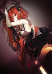 Rule 34 | 1girl, arknights, bare shoulders, black dress, black horns, blazpu, breasts, cleavage, demon horns, dress, highres, holding, holding sword, holding weapon, horns, long hair, looking at viewer, medium breasts, purple eyes, red hair, sleeveless, sleeveless dress, solo, standing, standing on one leg, surtr (arknights), sword, very long hair, weapon