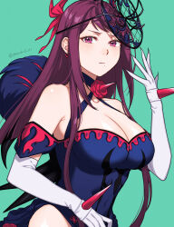 Rule 34 | 1girl, bare shoulders, blue dress, breasts, cleavage, commentary, dress, elbow gloves, fire emblem, fire emblem engage, gloves, green background, hand up, highres, ivy (fire emblem), large breasts, long hair, looking at viewer, nintendo, off-shoulder dress, off shoulder, peach11 01, purple eyes, purple hair, short sleeves, simple background, solo, upper body, very long hair, white gloves