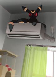 Rule 34 | air conditioner, commentary, creature, creatures (company), curtains, english commentary, full body, game freak, gen 2 pokemon, glowing, glowing eyes, indoors, looking at viewer, nagasaki wonderful, nintendo, no humans, plug, pokemon, pokemon (creature), red eyes, signature, sitting, solo, umbreon, window