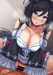 Rule 34 | 1girl, animal ears, bar censor, black hair, blush, breasts, censored, cleavage, commentary request, cowgirl position, eishin flash (umamusume), hair ornament, heavy breathing, highres, horse ears, horse girl, horse tail, looking at viewer, medium breasts, medium hair, motion lines, open mouth, peanut (shokan), pov, sex, simple background, solo, spread legs, straddling, tail, umamusume