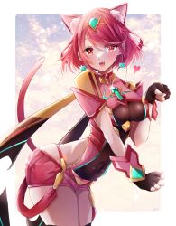 Rule 34 | 1girl, absurdres, amanoru mozuku, animal ears, blush, breasts, cat earrings, cat ears, cat girl, cat tail, core crystal (xenoblade), covered navel, cowboy shot, drop earrings, earrings, fang, fingerless gloves, gloves, heart, highres, impossible clothes, jewelry, large breasts, leaning forward, looking at viewer, paw pose, pyra (xenoblade), red eyes, red hair, red shorts, red tail, short hair, short shorts, shorts, solo, swept bangs, tail, thighhighs, tiara, xenoblade chronicles (series), xenoblade chronicles 2