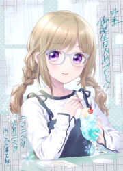 Rule 34 | 1girl, blue overalls, blush, braid, buttoned cuffs, buttons, cherry, closed mouth, dot nose, drink, drinking straw, food, fruit, fukuda fukutarou, glasses, grey-framed eyewear, highres, holding, holding drink, ice, ice cream, ice cube, idoly pride, light brown hair, long hair, long sleeves, looking at viewer, overalls, purple eyes, shiraishi saki, shirt, sidelocks, smile, solo, swept bangs, translation request, twin braids, upper body, white shirt