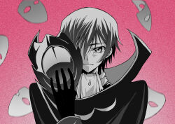Rule 34 | 1boy, ascot, cape, closed mouth, code geass, commentary request, expressionless, greyscale with colored background, hair between eyes, hand up, high collar, highres, holding, holding mask, lelouch vi britannia, looking at viewer, male focus, mask, unworn mask, monochrome, okuseric, one eye covered, short hair, solo, straight-on, upper body, zero (code geass)