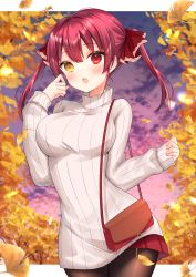 Rule 34 | 1girl, :o, alternate costume, autumn, bag, blush, breasts, cowboy shot, evening, ginkgo tree, hair between eyes, handbag, hands up, haruhitooo, highres, hololive, houshou marine, large breasts, long hair, long sleeves, looking at viewer, miniskirt, outside border, pantyhose, pleated skirt, red eyes, red hair, red skirt, skirt, sky, sweater, turtleneck, turtleneck sweater, twintails, virtual youtuber, yellow eyes