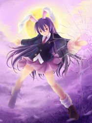Rule 34 | 1girl, animal ears, blazer, rabbit ears, crescent, female focus, fourth wall, full moon, jacket, long hair, maxwindy, moon, necktie, pleated skirt, pointing, purple hair, red eyes, reisen udongein inaba, skirt, solo, touhou