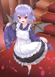 Rule 34 | 1girl, alternate costume, alternate headwear, apron, bat wings, blue hair, blush, commentary request, fang, highres, japanese clothes, kimono, long sleeves, maid, maid headdress, open mouth, purple kimono, red curtains, red eyes, remilia scarlet, remitei03, short hair, skirt hold, smile, socks, solo, stairs, touhou, wa maid, white apron, wide sleeves, wings