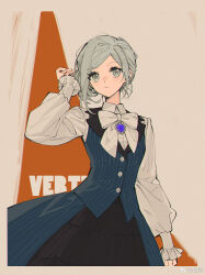 Rule 34 | 1girl, adjusting hair, black skirt, blue skirt, blue vest, border, bow, bowtie, brown background, brown border, character name, closed mouth, collared shirt, dress shirt, gem, grey eyes, grey hair, hair bun, hand up, highres, long sleeves, looking at viewer, no headwear, orange background, puffy long sleeves, puffy sleeves, purple gemstone, reverse:1999, shirt, short hair, single side bun, skirt, solo, striped clothes, striped skirt, striped vest, sunxi, two-tone background, two-tone skirt, upper body, vertical-striped clothes, vertical-striped skirt, vertical-striped vest, vertin (reverse:1999), vest, waistcoat, weibo logo, weibo watermark, white bow, white bowtie, white shirt