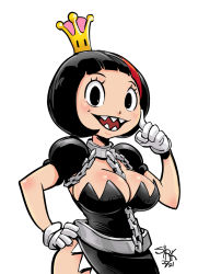 Rule 34 | 1girl, 2021, belt, between breasts, black dress, black eyes, black hair, blunt bangs, bowl cut, breasts, chain, chain chomp, cleavage, collar, commentary, crown, detached sleeves, dress, english commentary, gloves, hand on own hip, kewminus, large breasts, looking at viewer, loose belt, mario (series), mini crown, multicolored hair, new super mario bros. u deluxe, nintendo, open mouth, personification, princess chain chomp, puffy short sleeves, puffy sleeves, red hair, sharp teeth, short hair, short sleeves, side slit, signature, smile, solo, strapless, strapless dress, streaked hair, super crown, teeth, white background, white gloves