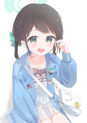 Rule 34 | 1girl, airi (band) (blue archive), airi (blue archive), bag, black hair, blue archive, blue jacket, blush, collarbone, green eyes, green halo, halo, highres, jacket, long hair, long sleeves, looking at viewer, official alternate costume, open clothes, open jacket, open mouth, osorii, pleated skirt, shirt, shoulder bag, skirt, smile, solo, white shirt, white skirt