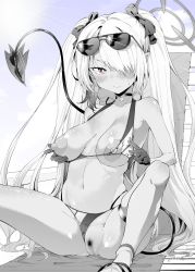 Rule 34 | 1girl, absurdres, alternate breast size, bikini, bikini pull, black bikini, black gloves, blue archive, blush, breasts, censored, choker, cleft of venus, closed mouth, clothes pull, demon tail, eyewear on head, female pubic hair, gloves, grey hair, greyscale, greyscale with colored background, hair over one eye, halo, highres, huge nipples, iori (blue archive), iori (swimsuit) (blue archive), large areolae, long hair, looking at viewer, monochrome, mosaic censoring, multi-strapped bikini bottom, navel, nipples, official alternate costume, pointy ears, pubic hair, pussy, red eyes, sandals, socks, solo, spot color, sunglasses, swimsuit, tail, thigh strap, tomako (tatihitoe), twintails, very long hair