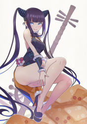 Rule 34 | 1girl, bare shoulders, black dress, black footwear, blue eyes, blunt bangs, blush, breasts, china dress, chinese clothes, closed mouth, detached sleeves, dress, fate/grand order, fate (series), floral print, hair ornament, high heels, highres, large breasts, leaf hair ornament, legs, long hair, looking at viewer, pipa (instrument), purple hair, side slit, sidelocks, simple background, smile, solo, twintails, very long hair, white background, yang guifei (fate), yang guifei (second ascension) (fate), yunar