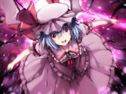 Rule 34 | 1girl, 6u (eternal land), bad id, bad pixiv id, bat wings, blue hair, female focus, from above, hat, holding, kiyu, open mouth, red eyes, remilia scarlet, short hair, smile, solo, spear the gungnir, touhou, wings
