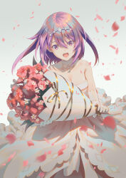 Rule 34 | 1girl, :o, alice gear aegis, bare shoulders, bouquet, breasts, choker, cleavage, collarbone, commentary, dress, elbow gloves, flower, gloves, hair between eyes, hair ornament, hairclip, highres, hirasaka yotsuyu, holding, holding bouquet, layered dress, long hair, looking at viewer, medium breasts, motion blur, open mouth, petals, pinakes, purple eyes, purple hair, red flower, sleeveless, sleeveless dress, solo, strapless, strapless dress, teeth, upper teeth only, wedding dress, white background, white choker, white dress, white flower, white gloves