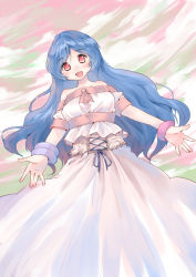 Rule 34 | 1girl, :d, anne (mitsumete knight), bare shoulders, blue hair, long hair, looking at viewer, mitsumete knight, oge (ogeogeoge), open mouth, reaching, red eyes, smile, solo