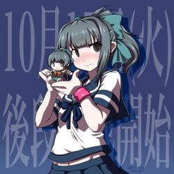 Rule 34 | 1girl, 547th sy, alternate costume, black eyes, blue neckerchief, blue one-piece swimsuit, blue sailor collar, blue skirt, bow, character doll, chibi, commentary request, cosplay, doll, empty eyes, fubuki (kancolle), fubuki (kancolle) (cosplay), grey hair, hair bow, highres, holding, holding doll, kantai collection, looking at viewer, midriff peek, neckerchief, one-piece swimsuit, pleated skirt, ponytail, sailor collar, school uniform, serafuku, skirt, solo, swimsuit, translation request, wall of text, yuubari (kancolle)