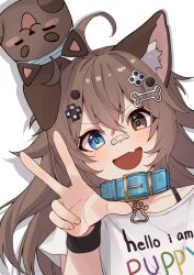 Rule 34 | 1girl, :d, animal collar, animal ears, bandaid, bandaid on face, bandaid on nose, blue eyes, brown eyes, brown hair, clothes writing, collar, dog ears, dog tail, fang, heterochromia, highres, idol corp, long hair, looking at viewer, mittsu, open mouth, pochi wanmaru, pochi wanmaru (pochi 2.0), pochi wanmaru (pochi 2.0), second-party source, shirt, short sleeves, skin fang, smile, tail, virtual youtuber, w, white shirt, wristband