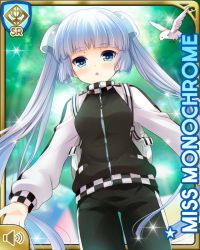 Rule 34 | 1girl, black jacket, black pants, blue eyes, blunt bangs, card, character name, checker pattern, day, girlfriend (kari), jacket, miss monochrome, miss monochrome (character), official art, open mouth, outdoors, pants, qp:flapper, school uniform, shirt, solo, tagme, track jacket, track pants, track suit, twintails, white footwear, white hair, white shirt