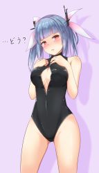 Rule 34 | 10s, 1girl, bad id, bad pixiv id, black one-piece swimsuit, blue hair, blush, breasts, cleavage, female focus, front zipper swimsuit, hair ribbon, highres, i-19 (kancolle), kantai collection, large breasts, long hair, meme attire, minagiku, one-piece swimsuit, open mouth, red eyes, ribbon, solo, swimsuit, translated, twintails
