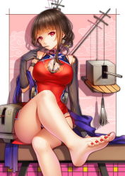 Rule 34 | 1girl, anchor, antennae, bad id, bad pixiv id, bare legs, barefoot, biting, black gloves, breasts, brown hair, cannon, character request, china dress, chinese clothes, dress, elbow gloves, female focus, glove biting, gloves, large breasts, crossed legs, machinery, mole, mole under eye, red eyes, sitting, solo, tidsean, warship girls r, yat sen (warship girls r)