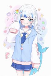 Rule 34 | 1girl, absurdres, arm at side, bandaid, bandaid on tail, blue eyes, blue hair, blue jacket, blue nails, blue neckerchief, blue skirt, blush, collared shirt, cowboy shot, ebi-chan (gawr gura), film grain, fingernails, fins, fish tail, gawr gura, gawr gura (school uniform), grin, hair bobbles, hair ornament, hand up, heart, highres, hololive, hololive english, jacket, kaisin ao, long fingernails, long hair, long sleeves, looking at viewer, multicolored background, multicolored hair, nail polish, neckerchief, notice lines, official alternate costume, one eye closed, one side up, sailor collar, school uniform, shark girl, shark hair ornament, shark tail, shirt, skirt, sleeves past fingers, sleeves past wrists, smile, solo, streaked hair, tail, vest, virtual youtuber, white hair, white sailor collar, white shirt, yellow vest
