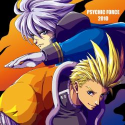 Rule 34 | 1990s (style), 2boys, blonde hair, blue eyes, burn griffiths, coat, copyright name, gradient background, grey hair, keith evans, male focus, multiple boys, orange background, pino (pixiv2314364), psychic force, retro artstyle, smile, spiked hair, taito