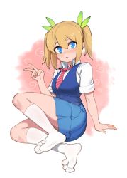 Rule 34 | 1girl, blonde hair, blue eyes, blue skirt, blue vest, collared shirt, commentary, commission, diagonal-striped clothes, diagonal-striped necktie, difman, english commentary, full body, green ribbon, hair between eyes, hair ribbon, hand up, highres, looking at viewer, necktie, no shoes, original, parted lips, pink necktie, pleated skirt, ribbon, school uniform, shirt, short sleeves, short twintails, skirt, socks, soles, solo, striped clothes, twintails, v, vest, white shirt, white socks