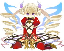 Rule 34 | 1girl, blonde hair, flat chest, full body, gauntlets, jitome, key, long hair, long sleeves, mota, mouth hold, navel, puffy sleeves, purple eyes, red thighhighs, shrug (clothing), sitting, skirt, solo, thighhighs, transparent background, twintails, very long hair, wariza