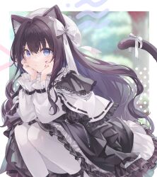 Rule 34 | 1girl, absurdres, animal ears, black dress, black hair, blue eyes, capelet, cat ears, cat girl, cat tail, commission, dress, frilled capelet, frilled skirt, frills, highres, indie virtual youtuber, lolita fashion, long hair, long sleeves, looking at viewer, nekodo oyuchi, pantyhose, second-party source, shirt, skeb commission, skirt, skirt under dress, squatting, tail, ukishizumi, virtual youtuber, white capelet, white pantyhose, white shirt, white skirt
