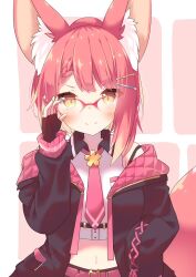 Rule 34 | &gt;:), 1girl, adjusting eyewear, animal ear fluff, animal ears, belt, belt buckle, black gloves, black jacket, blush, braid, braided bangs, buckle, closed mouth, collared shirt, commission, copyright request, crop top, daidai ookami, fingerless gloves, glasses, gloves, hand up, jacket, long sleeves, midriff, navel, necktie, off shoulder, open clothes, open jacket, over-rim eyewear, pink background, pink belt, pink hair, pink necktie, puffy long sleeves, puffy sleeves, red-framed eyewear, semi-rimless eyewear, shirt, skeb commission, sleeveless, sleeveless shirt, smile, solo, tail, two-tone background, v-shaped eyebrows, white background, white shirt, yellow eyes