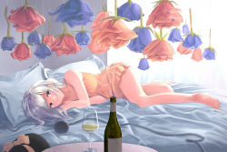 Rule 34 | 1girl, alternate costume, bare arms, bare legs, barefoot, blue flower, blue rose, bottle, camisole, commentary request, cup, curtains, day, drinking glass, expressionless, flower, hat, unworn hat, head on hand, unworn headwear, indoors, komeiji koishi, lingerie, looking at viewer, lying, medium hair, on bed, on side, pillow, red flower, red rose, rose, grey eyes, silver hair, solo, table, tbonjobi (sukemasa), third eye, touhou, underwear, window, wine bottle, wine glass