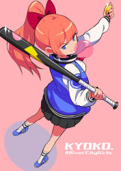 Rule 34 | 1girl, absurdres, baseball bat, black skirt, blue eyes, blue footwear, bow, blowing bubbles, character name, chewing gum, copyright name, cosmetics, earrings, fami (yellow skies), from above, from behind, full body, hair bow, highres, jacket, jewelry, kunio-kun series, kyoko (kunio-kun), long hair, long sleeves, looking at viewer, looking back, orange hair, pink background, pleated skirt, ponytail, red bow, river city girls, shoes, simple background, skirt, sneakers, solo, standing, sword earrings, track jacket, yo-yo