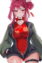 Rule 34 | 1girl, antenna hair, belt, black choker, blue archive, china dress, chinese clothes, choker, dress, estelle8js, hair bun, halo, highres, jacket, letterman jacket, mole, mole on chest, mole on collarbone, mole on thigh, mole under eye, partially unzipped, pelvic curtain, red dress, red halo, reijo (blue archive), simple background, single side bun, solo, thigh belt, thigh strap, white background