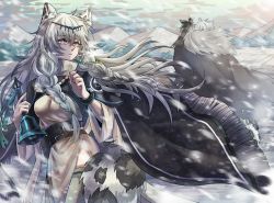 Rule 34 | 1boy, 1girl, animal, animal ear fluff, animal ears, animal on shoulder, arknights, bead necklace, beads, bell, bird, bird on shoulder, braid, breasts, capelet, cat boy, cat girl, circlet, cloak, fur collar, grey eyes, highres, holding, holding bell, jewelry, leopard ears, leopard tail, medium breasts, mountainous horizon, necklace, nga (ray ray), parted lips, pramanix (arknights), silver hair, silverash (arknights), snow, tail, tenzin (arknights), twin braids, wind