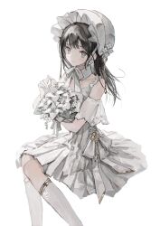 Rule 34 | 1girl, absurdres, alternate costume, black hair, blush, bonnet, bouquet, bow, bride, c-ms (girls&#039; frontline), chin strap, collarbone, commission, detached sleeves, dot nose, dress, elbow gloves, eyebrows hidden by hair, flower, frilled bonnet, frilled dress, frills, girls&#039; frontline, gloves, grey eyes, highres, holding, holding bouquet, kumagai yuka, long hair, looking at viewer, ribbon, sample watermark, see-through, see-through sleeves, smile, solo, thighhighs, watermark, wedding dress, white background, white bow, white dress, white flower, white gloves, white headwear, white ribbon, white theme, white thighhighs