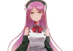 Rule 34 | 1girl, absurdres, apron, bare shoulders, beret, bow, bowtie, dress, expressionless, green eyes, green hat, green sleeves, hair ornament, hairclip, half-closed eyes, hat, headphones, highres, long hair, looking at viewer, momone momo, oyama0 43, pink hair, red bow, red bowtie, simple background, solo, swept bangs, upper body, utau, very long hair, white background, white dress
