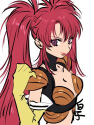 Rule 34 | 1girl, breasts, cleavage, commentary request, gloves, highres, lipstick, long hair, looking at viewer, makeup, medium breasts, midriff, nanaly fletch, purple eyes, red hair, shirako (kirupi), simple background, smile, solo, tales of (series), tales of destiny 2, twintails, white background
