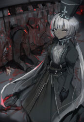 Rule 34 | 1girl, belt, black belt, black gloves, blood, charon (project moon), chuhaibane, closed mouth, corpse, dark-skinned female, dark skin, dress, gloves, grey dress, grey eyes, highres, holding mace, juliet sleeves, limbus company, long hair, long sleeves, looking at viewer, low twintails, mephistopheles (project moon), people, project moon, puffy sleeves, sidelocks, silver trim, solo, twintails, very long hair, white hair